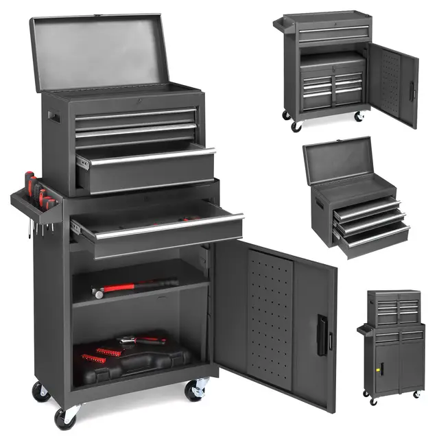 LEADZM Servante d'Atelier Outils avec Coffre Amovible, 4 Tiroirs, 2 Grande,Etabli Garage,Armoire à Étagère Réglable& Caisse à Outil Roulante,pour Garage, Atelier(Noir)