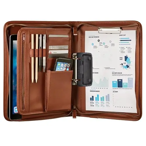 ONVAYA® dossier de conférence A4 | marron | chemise à dossier | dossier commercial | bloc-notes | imitation cuir durable | porte-documents | plaque métallique pour la gravure