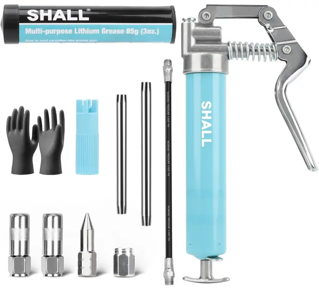 SHALL Mini pistolet à graisse, avec 2 coupleurs à 4 mâchoires, buse tranchante, adaptateur d'extension, cartouche de graisse de 3 oz, gant en PVC renforcé et nettoyant pour raccord Zerk