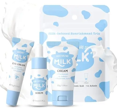 3Pcs Mini Milk Skin Care Set, Cadeau pour Adolescentes - Avec sérum, Crème Pour les Yeux et crème, Mini kit de Soin de la Peau de Voyage Pour Adolescentes