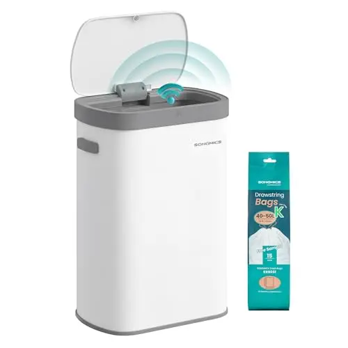 SONGMICS Poubelle de Cuisine Automatique 50 L, Capteur de Mouvement, Ouverture Automatique ou Tactile, Fermeture Douce, Acier, 15 Sacs Poubelle, Blanc LTB640WZ02