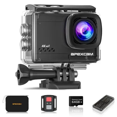 Apexcam Caméra Sport 4k 60fps avec MicroSD 64 GB Action Cam WiFi Camera Étanche 40M Ultra HD Caméra d'action avec 2.4G Télécommande et 2 Batteries Rechargeables et kit d'accessoires…
