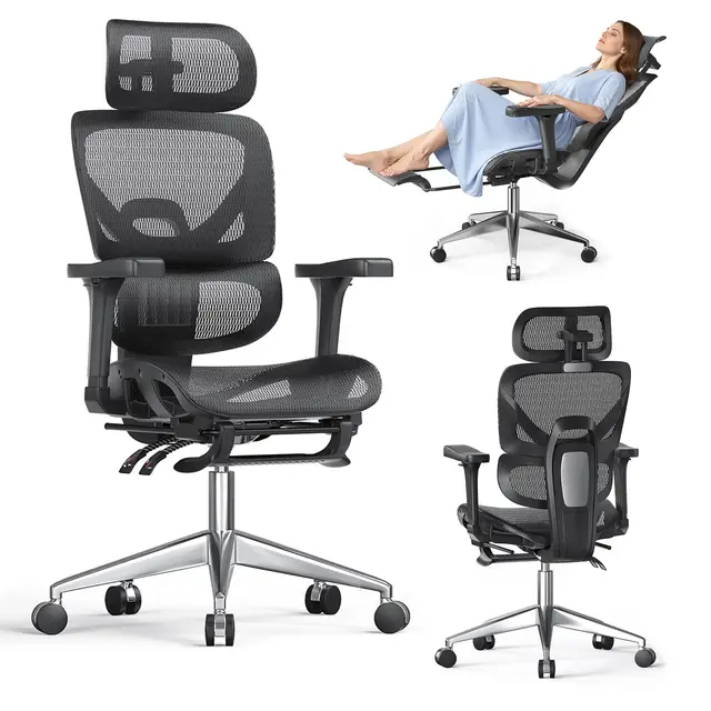 naspaluro Chaise Bureau Ergonomique, Chaise de Bureau à Dossier Haut en Tissu Maillé Respirant, Support Lombaire, Accoudoirs 3D et Appui-Tête Réglables, Repose-Pieds, Travail et Gaming-Noir