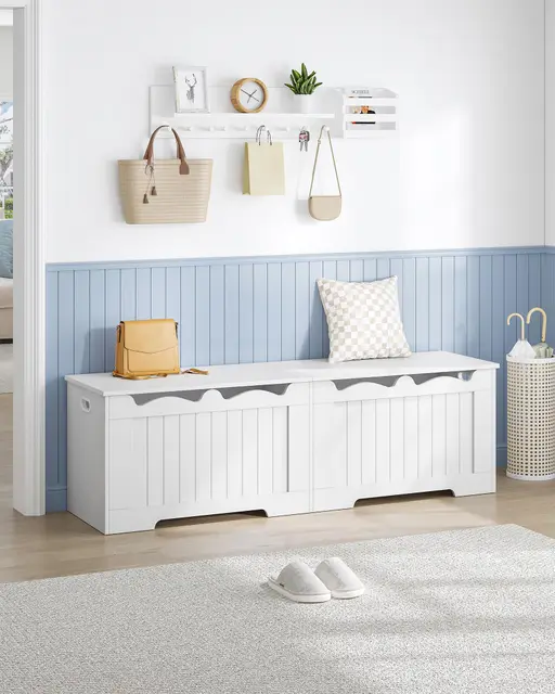 Hzuaneri Coffre de Rangement, Banc de Rangement, avec 2 Charnières de Sécurité, Imitation Grange, 40 x 150 x 48 cm, idéal pour Entrée, Couloir, Chambre, Blanc SB01503X