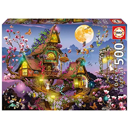 Educa - Maison de Fée Puzzle 500 pièces | Cottage Fées Forêt Enchantée Lune Fantaisie Art | 48 x 34 cm | Dès 11 Ans (19554)