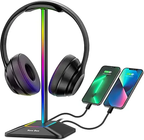 New Bee Support Casque RGB Gamer avec 2 Ports Type-c et USB Casque Stand Transmission de Données, Universel pour Casque de Gaming PC(Noir)