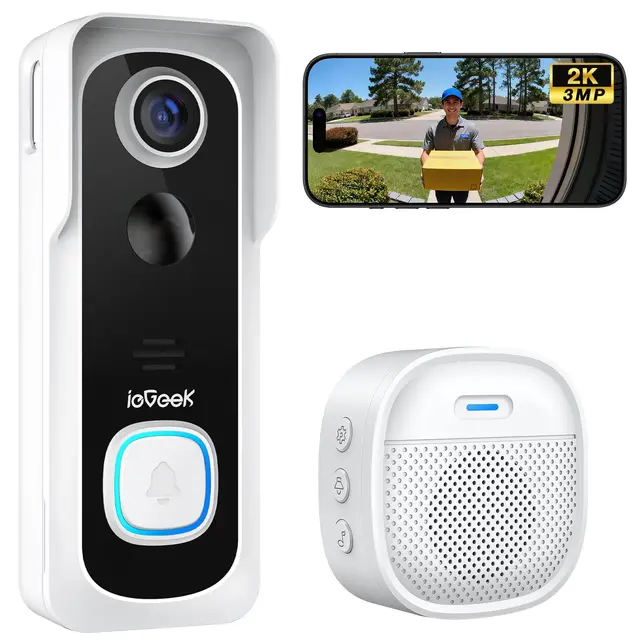 ieGeek 2K Sonnette sans Fil Exterieur Etanche, Sonnette Vidéo avec Caméra Compatible Alexa, Install Facile, Détection IA, IP66 Étanche,Vision Nocturne, Stockage Cloud, WiFi 2,4 GHz Uniquement (Blanc)