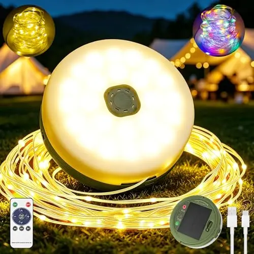 Guirlande lumineuse de camping solaire enroulable - Rechargeable par USB - Portable - Polyvalente - Lampe de camping d'extérieur - Étanche - 10 m - Pour camping, randonnée, cour, jardin