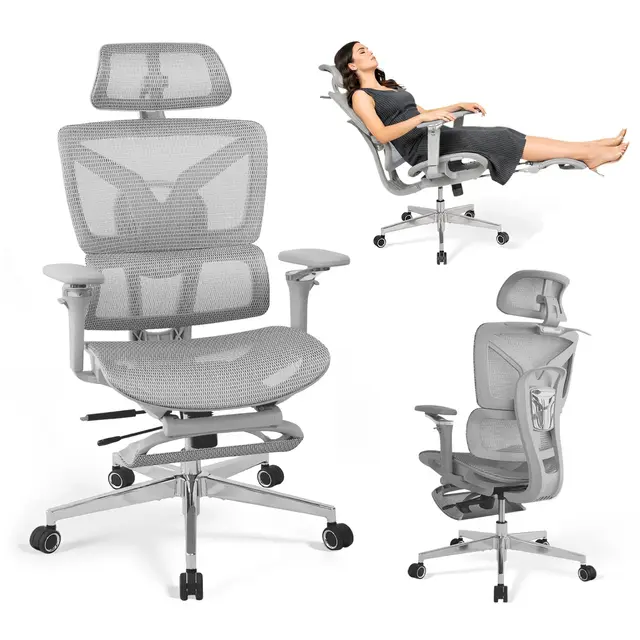 Chaise de Bureau Ergonomique Grand et Haut avec Repose-Pieds, Accoudoirs Réglables 5D, Support Lombaire, Dossier en Maille Inclinable, Siège Profondeur Réglable, Chaise Gaming Gris