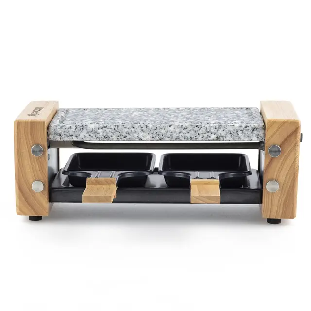 H.Koenig Appareil à raclette Duo Multifonction 2 personnes WOD2 Design en bois naturel, Pierre granit amovible, Raclette fromage fondue professionnel, 2 poêlons antiadhésifs, 2 spatules en bois