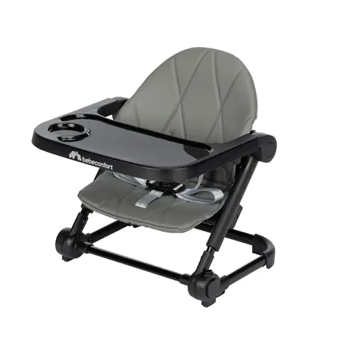 Bebeconfort Moly, Rehausseur Chaise Bébé, 6 mois-3 ans, 9-15kg, Chaise Haute Portable Légère, Pliage Compact, 3 Hauteurs, Rehausseur Enfant, Chaise Repas Bébé avec 3 Positions de Plateau, Tinted Grey