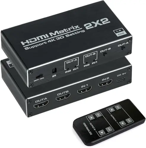 HDMI Matrix 2x2 Matrix Switch 2 Entrée 2 Sortie Matrice Commutateur Splitter Switcher Split Box avec télécommande Infrarouge Support Ultra 4K@60Hz Yuv 4: 2: 0, 3D, 1080p, HDMI 1.4、HDCP 1.4
