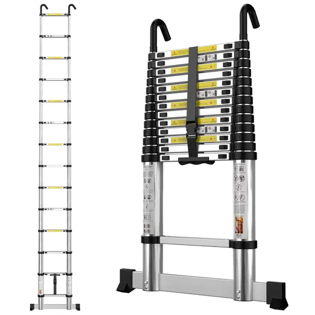 gymount Echelle Telescopique 4,1m en Aluminium Échelle Télescopique, avec Barre Stabilisatrice et Crochets Amovibles, Escabeau Telescopique Portable Convient aux réparations à Domicile, Charge 150 KG