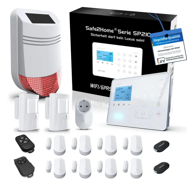 Safe2Home® Grand système d'alarme sans fil SP210 avec protection contre le sabotage et contrôle de la lumière – Allemand – Système d'alarme GSM WLAN Alarme SMS – Systèmes d'alarme pour la maison et le