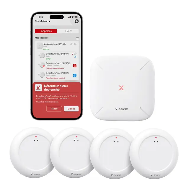 X-Sense Détecteur de Fuite d’Eau Connecté Ultra Fin avec Station de Base SBS50, Étanche IP67, Détecteur d’Eau avec Détection dès 0,3 mm pour Cuisines, Salles de Bains et sous-sols, SWS0A41
