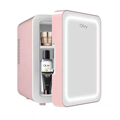 Olvy Réfrigérateur Cosmétique 4 Litres, Mini Frigo, Mini Réfrigérateur Portable Avec Miroir LED, Petit Réfrigérateur pour Soins de la Peau, Skincare Fridge, Rose