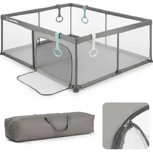 sun baby Parc Enfant avec vertes poignée 150x200 cm 0-2 ans Gris, polyester, parois en filet, entrée zippée, pieds antidérapants, sac de transport inclus, cadre en métal