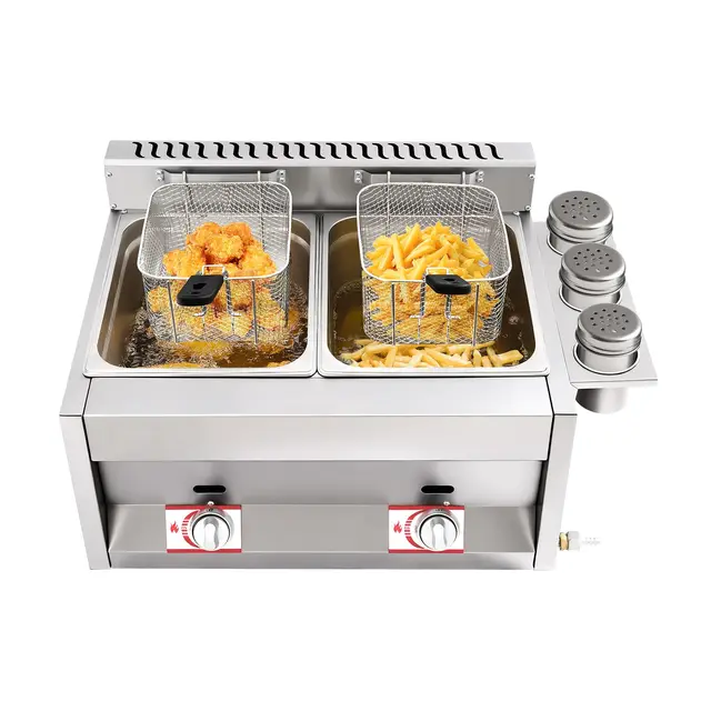 Double friteuse professionnelle à gaz, 2 x 6 l, pour gastronomie, friteuse avec graisse et huile, friteuse profonde pour frites et poulet, friteuse avec robinet de vidange, idéale comme machine à
