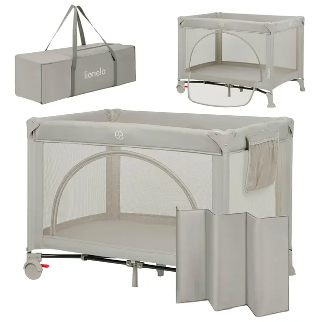 LIONELO LAURA 2en1 Lit de Voyage jusqu'à 15 kg Parc bébé de 0 à 36 mois Entrée latérale Matelas en Mousse T25, 2 Niveaux Hauteur, Sac de Voyage, Roues avec Frein (BEIGE SAND) (Grey) (Beige)