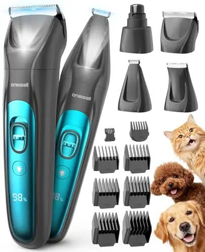 oneisall 4-en-1 Tondeuse pour Chien Professionnelle Sans Fil pour Animaux, Tondeuse à Poil Long Epais avec Lumière LED, Toilettage Rechargeable 2000mAh, Rasoir pour Chien et Pattes (Bleu)
