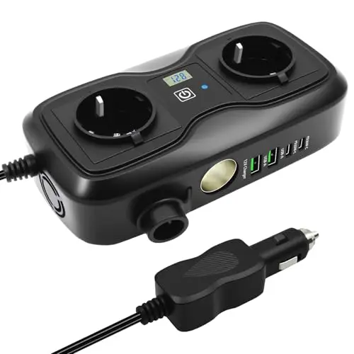 200W convertisseur 12v 220v 230V convertisseur de Tension 2 USB 2 Type C (5V 3A) Power Inverter Onduleur Transformateur avec Allume Cigare Prise Electrique pour Voiture téléphone Portable