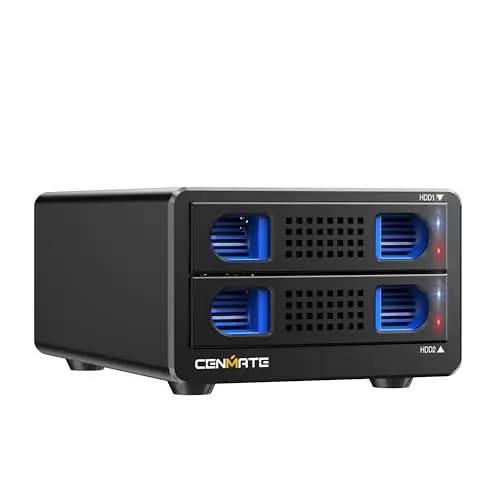 Boîtier de Disque Dur, CENMATE Aluminium Boîtier 2 Baie avec Ventilateur SATA 2,5/3,5 HDD/SSD, USB A/C 3.0, Supportant l'échange à Chaud, l'extension en Chaîne, Boîtier HDD,DAS (NO Raid/NAS)