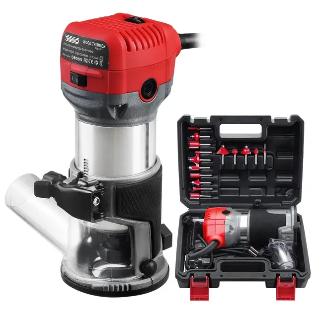TEENO à Bois Défonceuse Affleureuse électrique 800W, Affleureuse à Bois Défonceuse 13000-33000RPM,15 Fraises à Défoncer Queue de 1/4",6 Vitesses Variables,3 Pinces de 6/6.35/8mm,Boite en Plastique