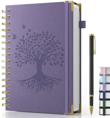 Carnet de Notes A5 avec stylo, carnet à spirale à couverture rigide, journal ligné de 240 pages, papier à l'encre 100 g/m², journal pour adultes, travail, écriture, voyages, 14,5 x 21 cm - Violet