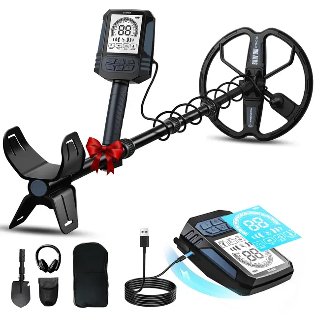 SUNPOW Détecteur de Métaux - Bobine Double D de 28 cm, Batterie au Lithium 35h, 10 Niveaux de Sensibilité, 4 Modes de Recherche, Rechargeable,7 Identifications de métaux, étanche IP68