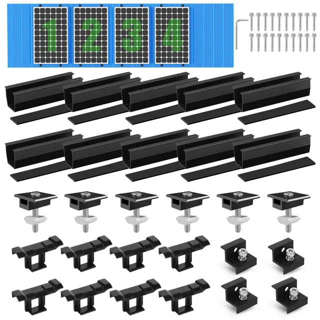 Kit de Montage PV pour 4 Module,Support de Panneau Solaire, Rail Noir de 12 CM,Clips de Drainage d'eau 30 MM, Pince Réglable pour Modules de 30 à 35 mm d'épaisseur- Pour toit plat,trapézoïdal