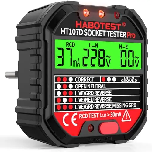 Testeur de Prise, Testeur de Circuit Electrique Courant Automatique Détecteur de Tension de Polarité 90-250V/45-65Hz, 6 Tipi di Diagnosi di Errore, Test RCD/Affichage de Tension