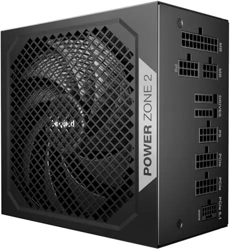 be quiet ! Power Zone 2 1000 W Bloc d’Alimentation, certifications 80 Plus® Platinum et Cybenetics Platinum, système Semi-Passif, Ventilateur Pure Wings 3 140 mm, connecteur 12V-2x6 coudé à 90°