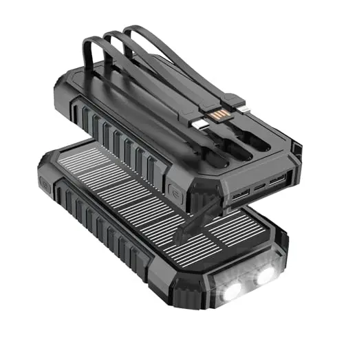 Batterie Externe Solaire 20000mAh - Chargeur Rapide 15W Chargeur Portable avec 3 Câbles Intégrés, Chargeur Solaire avec 5 Sorties et 2 Lampes de Poche LED pour Phone 17/16/15/14/13 et Android