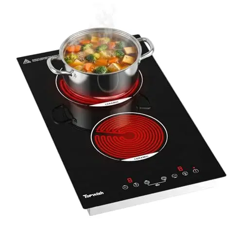Topwish plaque vitrocéramique 2 feux, plaque de cuisson electrique 30cm, table de cuisson vitrocéramiqu, avec verrou de sécurité, voyant de surface chaude, protection d'extinction, minuterie, 3000W