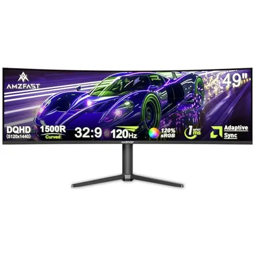 Amzfast Ecran PC Gamer Incurvé 49 Pouces, 120Hz, DQHD(5120x1440), 32:9 Ultrawide Moniteur, 1ms MPRT, Eyes Care, sRGB 120%, Adaptive Sync, HDR, HDMI 2.1x2/DP 1.4x2, VESA 75x75, PIP/PBP, AMZG49C7U