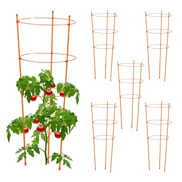 Relaxdays Tuteur pour tomates, Plante grimpante, Lot de 6, métal, Plastique, 3 Anneaux réglables, Hauteur 76 cm, Orange