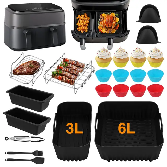 Silicone Moule Air Fryer, 28 Pièces Accessoires Air Fryer pour Philips Air Fryer Dual Basket 3000 Séries 9 Litres(6L/3L),Moule Air Fryer, Moule Pain, Grille Racks etc