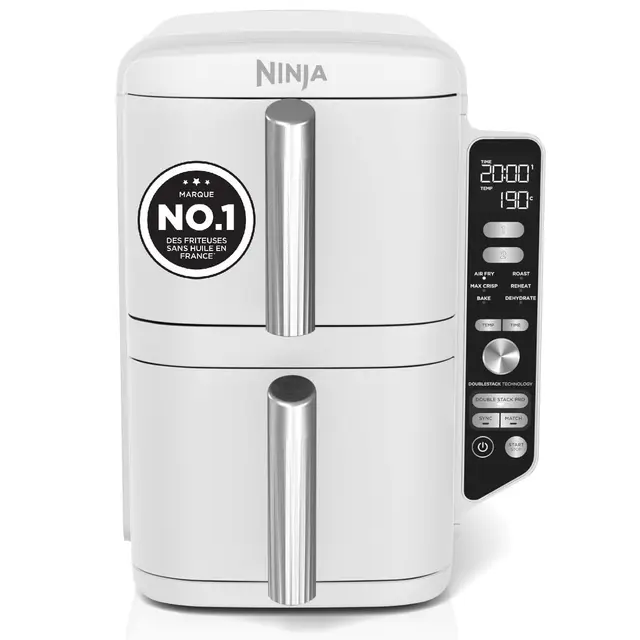 NINJA Double Stack XL Air Fryer, Friteuse sans huile Verticale Double Tiroir 4 Niveaux de Cuisson, 2 Tiroirs, 2 Grilles, Capacité de 9,5 L, 6 Fonctions, 8 Portions, Pinces, Blanc SL400EUWH