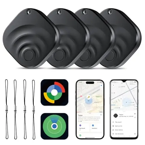 Lot de 4 Traceur Tag Android & iOS, Compatible avec Apple Find My et Google Find Hub, Tracker GPS Android & iOS avec Batterie remplaçable, pour Portefeuilles/Valises/Clés/Bagages (4 Noir)