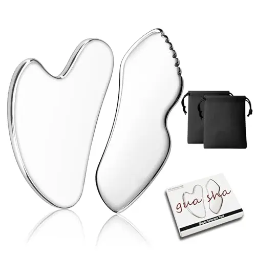 Gua Sha Lot de 2 outils de massage pour le visage en acier inoxydable avec sac de rangement pour le visage, les yeux, le cou, le corps