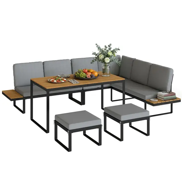 Outsunny Salon de Jardin Extérieur 6-8 Personnes - Ensemble Meuble de Jardin Aluminium avec Table Haute Dînatoire et Canapé d'angle - Mobilier de Terrasse avec Plateaux Latéraux Bois Composite, Gris