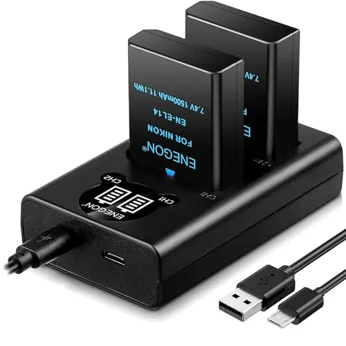 ENEGON EN-EL14/EL14a Batterie de Rechange (2 pièces) et Chargeur Smart LED Dual USB pour Nikon EN-EL14/EN-EL14a, DSLR D5300, D5600, D5100, D5200, D3100, D3200, D3300, D3400, D3500, DF