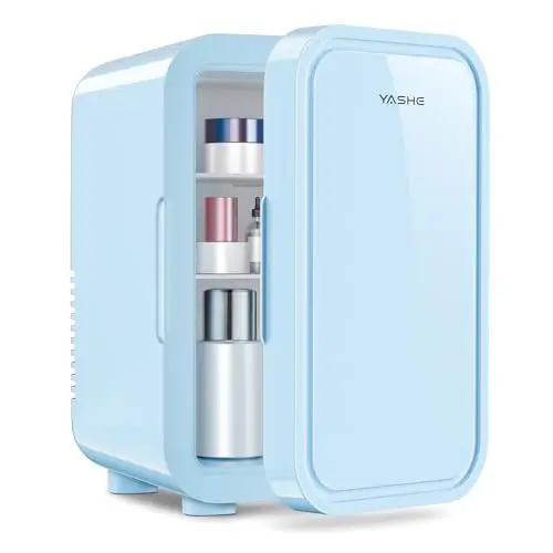 YASHE Mini réfrigérateur, 6 litres/8 canettes 220-240 V AC/DC, réfrigérateur thermoélectrique portable pour chambre à coucher, soins de la peau, boissons, bureau, dortoir et voiture, bleu
