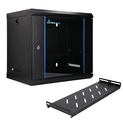 Extralink Baie de Brassage 19 Pouces 9U - Armoire réseau 400mm de Profondeur pour Montage Mural ou au Sol - Etagère Incluse - Charge admissible 60kg, Ouverture Frontale et arrière, Noir