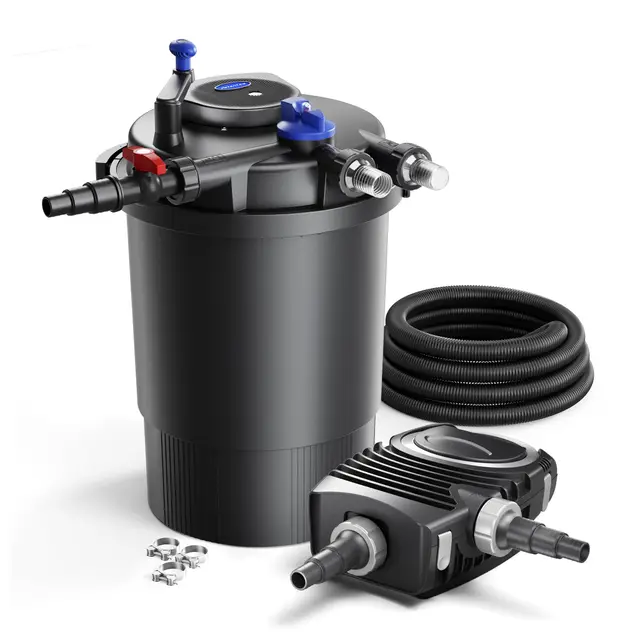 SunSun Kit complet: CPF-30000 Filtre de bassin à pression jusqu’à 12000 L avec 55 Watt lampe uv, NEO12000 SuperECO pompe 12000l/h 100W, 10m Tuyau 38 mm (1 1/2"), collier de serrage W1 44-47mm