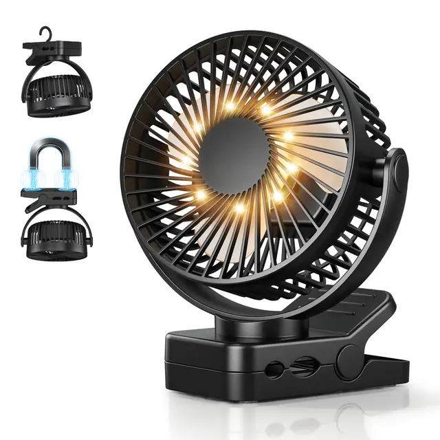 USB Ventilateur Table de 12000mAh 4-en-1 Ventilateur Portable avec Télécommande 3 Vitesses Lumière LED Minuterie 360° Rotation, Ventilateur Pince pour Camping Cuisine Bureau Poussette, Noir