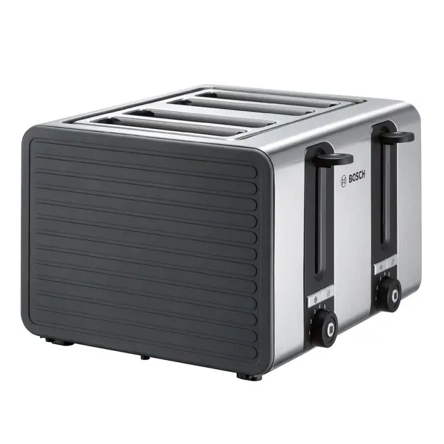 Bosch TAT7S45 Grille-pain à 4 fentes avec arrêt automatique avec fonction décongélation, idéal pour 4 tranches de toast, large fonction lifting, 1800 W, acier inoxydable/gris