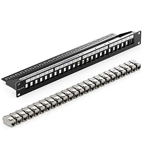 deleyCON Kit de 24 Ports Panneau de Brassage Modulaire 1 U 19" Installation en Rack + 24x Modules Keystone RJ45 CAT6a Compatible avec Câble Réseau LAN CAT5 CAT6 CAT7 Câble D'installation Noir