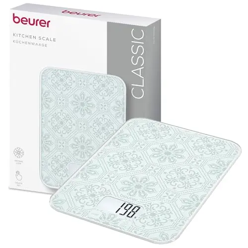 Beurer KS 19 Balance de cuisine numérique vintage, capacité de charge jusqu'à 5 kg (graduation précise de 1 g) Balance de ménage avec capteur tactile, avec piles, ultra plate et design vintage