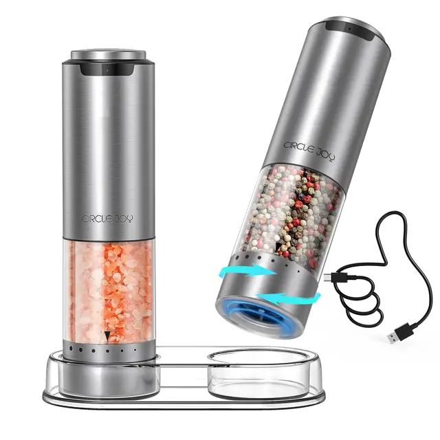 CIRCLE JOY Ensemble de Moulin à Sel et Poivre Électrique Rechargeable Moulin à Épices avec Base, Récipient Transparent de 95ml, Lumière LED Blanche et Grosseur Réglable par L'extérieur